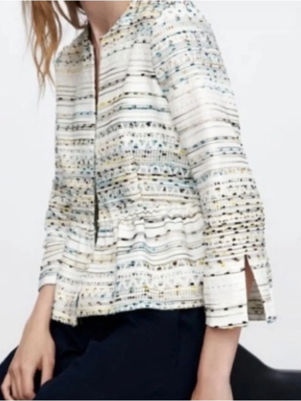 Zara Textured Peplum Jacket Blazer White Metallic Thread Open Front Size M - Picture 3 of 11